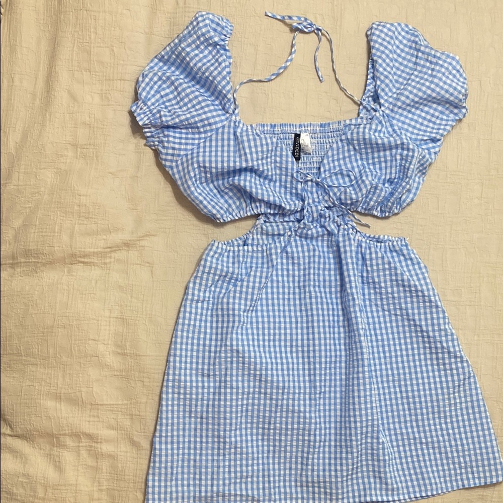 Blue and White Gingham Cutout Mini Dress with Puff Sleeves